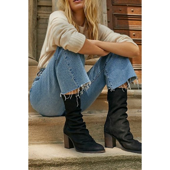 Free People Elle Block Heel Boots Black Suede Slouch Leather Size 41